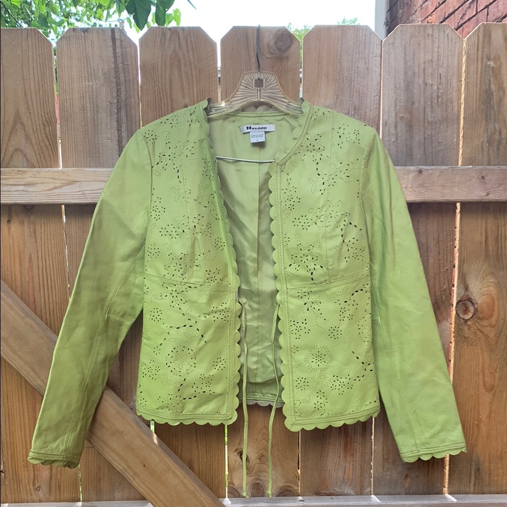 Green Blazer with Cropped Design and Textured Pattern Leather blazer